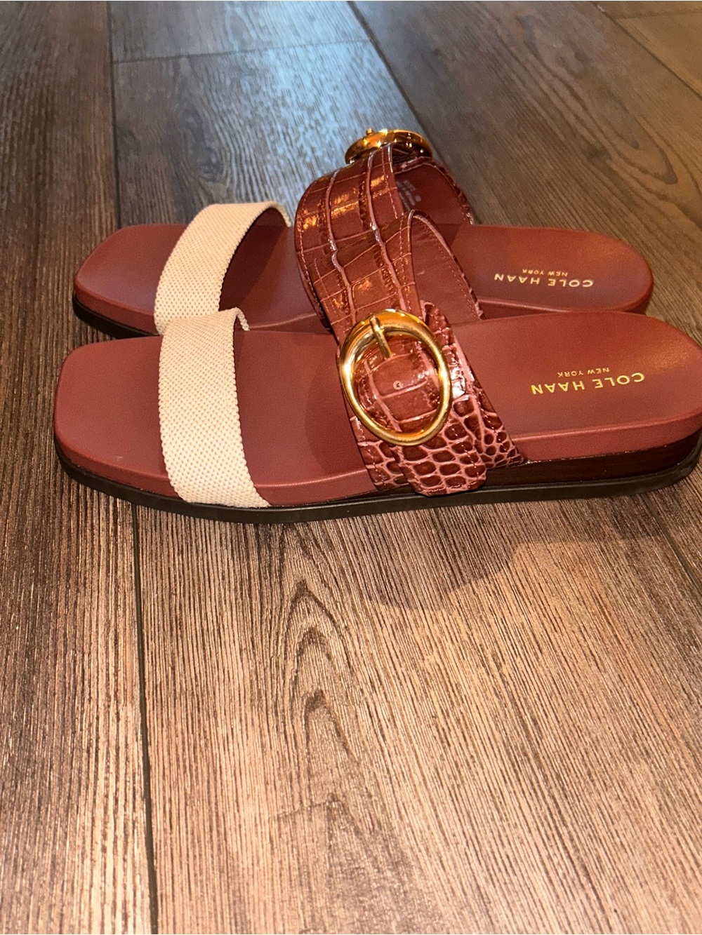 Cole Haan Brown Croc-Embossed and Cream Strap Slide Sandals